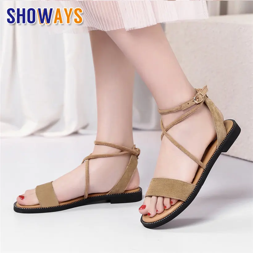 

Quality Women Gladiator Sandals Soft Low Flat Square Heel Black Flock Ankle Strap Casual Office Beach Summer Sandalia Lady Shoes