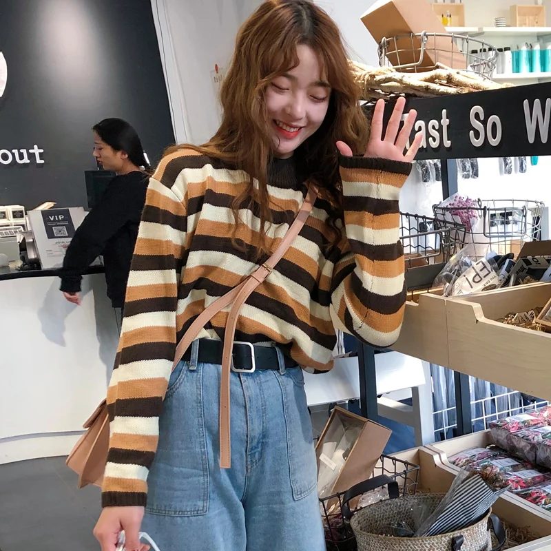 

Harajuku Preppy Style Loose Stripe Pullovers Sweater Tops Women Winter Autumn 2018 Korean Fahsion Thick Striped Sweaters Tops