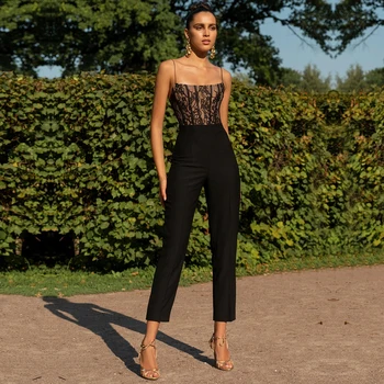 

Seamyla 2020 New Bandage Jumpsuits Women Summer Sexy Lace Club Celebrity Party Jumpsuit Black Sleeveless Skinny Long Bodysuits