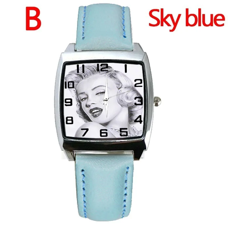 Новые квадратные женские студенческие новые модные кварцевые часы Мэрилин Монро Мультяшные Подарочные наручные часы - Цвет: sky blue
