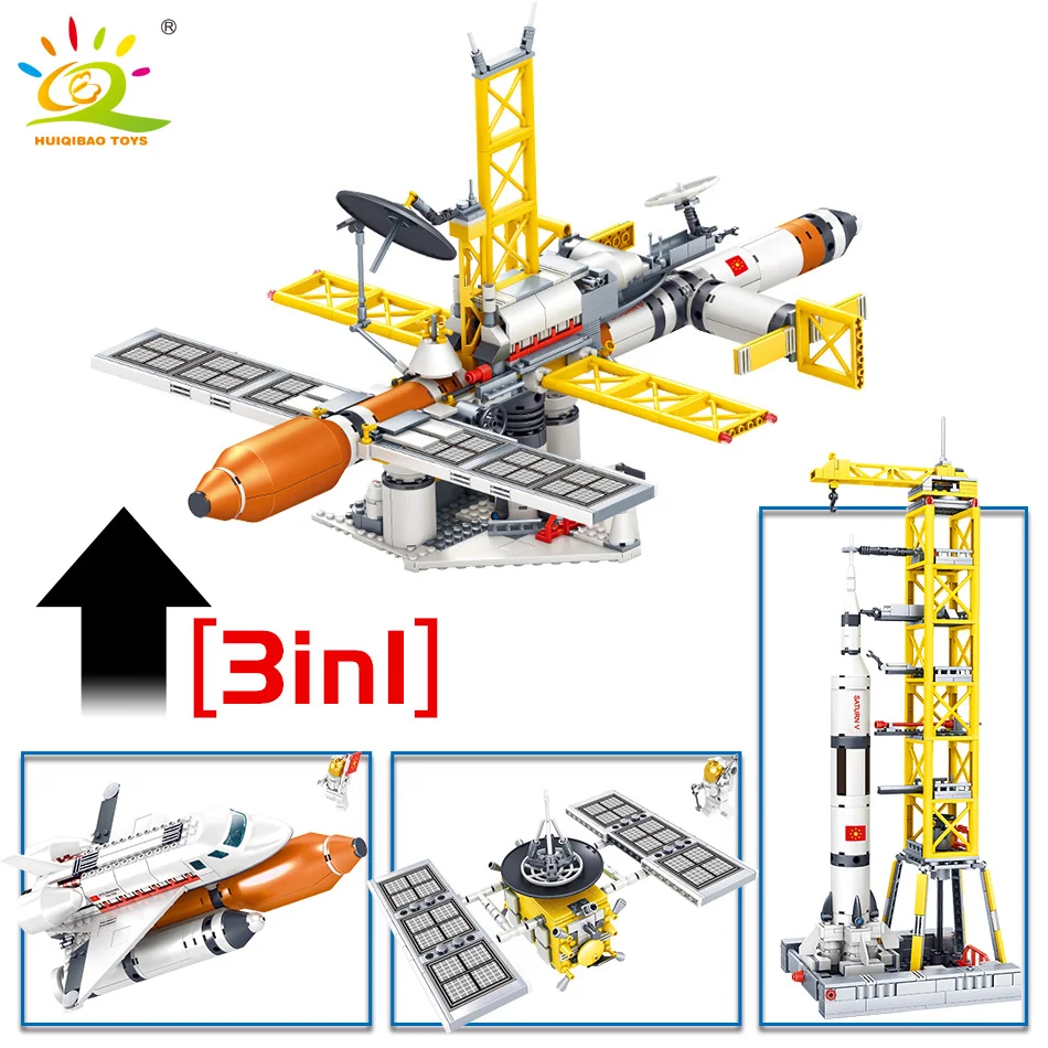 

HUIQIBAO TOYS 1043pcs 3in1 Aviation Satellite Rocket shuttle Building Blocks For Children City Space Aerospace Bricks
