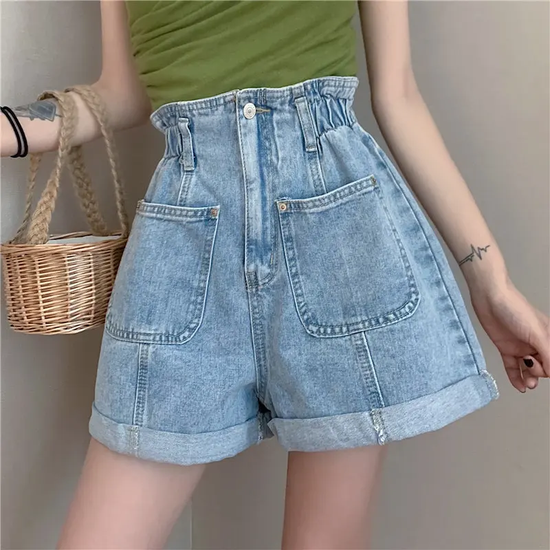 

HziriP Simple Elastic Waist Curl Loose Fresh Casual 2019 Summer Stylish High Waist New jeans Washed Denim Wide Leg Blue Shorts