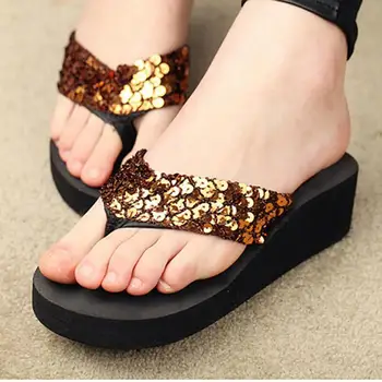 

Summer Women Casual Shoes Non-Slip Bling Sequins Beach Slippers Flip Flops Platform Wedges sandals