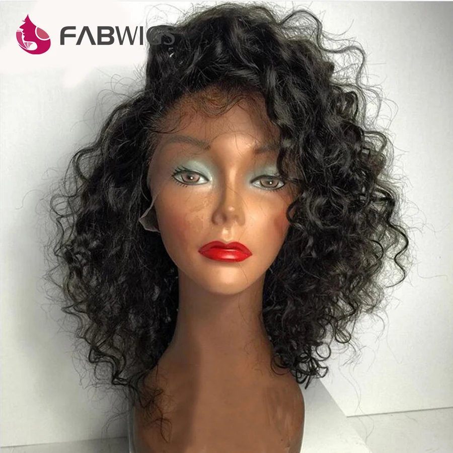 Fabwigs боб парик кудрявый фронта шнурка человеческих волос парики бразильские короткие парики из человеческих волос для женщин черный боб фронта шнурка парик remy волос
