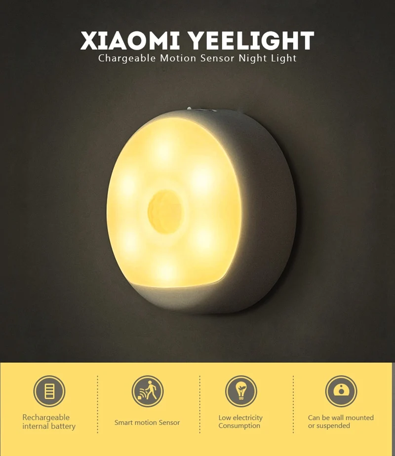 

YEELIGHT Original XIAOMI LED Infrared Human Body Motion Sensor Night Light Smart USB Rechargeable Magnetic Night Lamp For Home