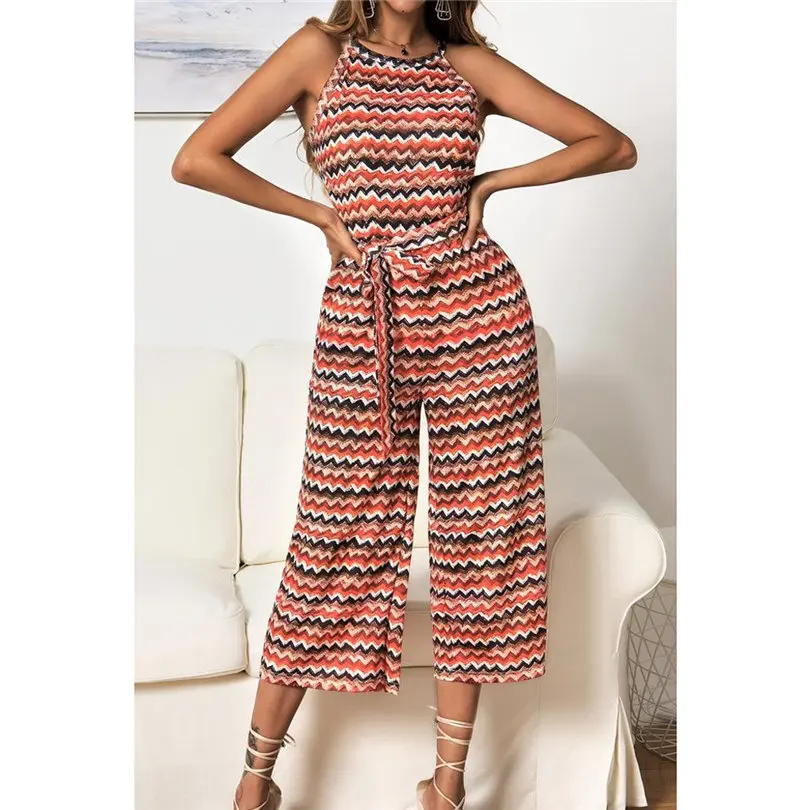 New Fashion Women Summer Sexy Sleeveless Multicolour Striped Jumpsuit Clubwear Wide Leg Pants Outfit Long Pants Jumpsuit #4A18 (28)