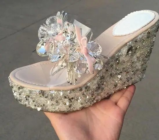 2017 newest handmade crystal beaded wedge slippers open toe butterfly-knot platform sandal transparent PVC sandal 2017 newest handmade crystal beaded wedge slippers open toe butterfly-knot platform sandal transparent PVC sandal