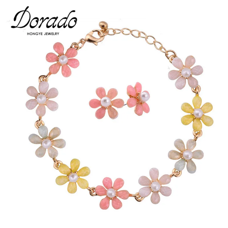 

Imitation Pearl Link Chain Bracelets With Stud Earrings Flower Pink Fashion Jewelry Set For Women boucle d'oreille femme 2019