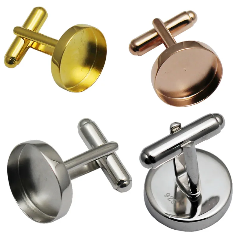 

16mm Rhodium Plated Round Shape 925 Stering Silver Cufflinks Cuff LinksTray Bezels Blanks Base Settings