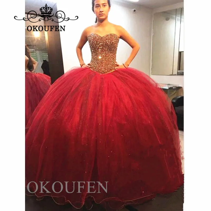 Пышные Платья с блестящими бусинами бальное платье красного цвета кристаллами