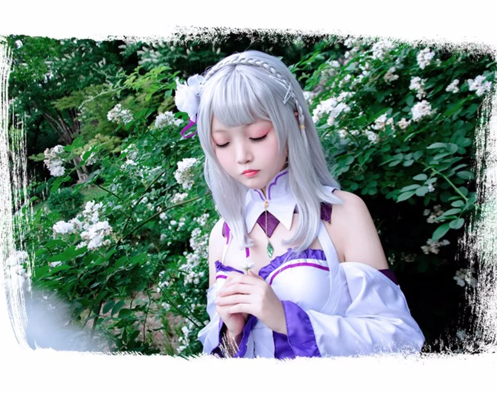 Re Zero Hajimeru Isekai Seikatsu Emilia костюм для косплея(платье* 1 шт., чулок* 2 шт., головной убор* 1 шт