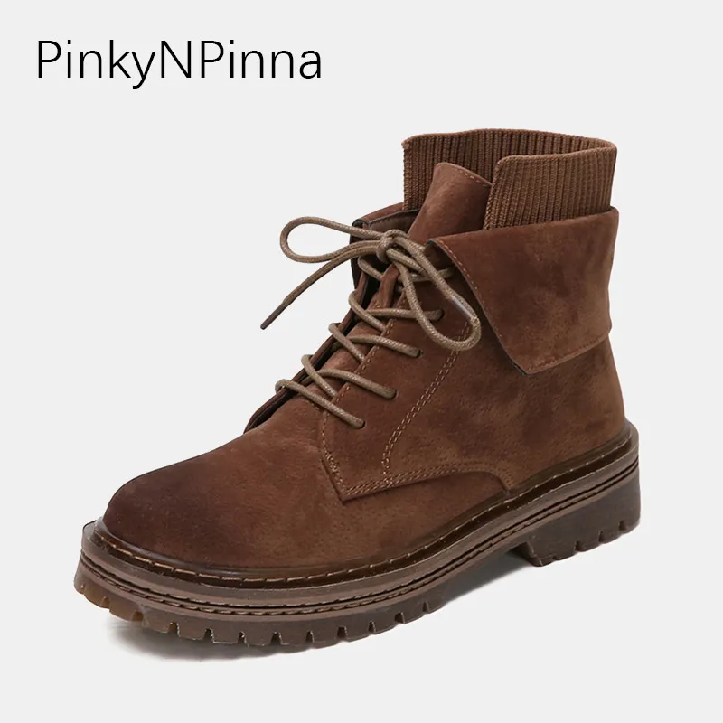 

new winter vintage flat boots female lace up round toe genuine pig leather plush warm sewing turned over suede work shoes woman