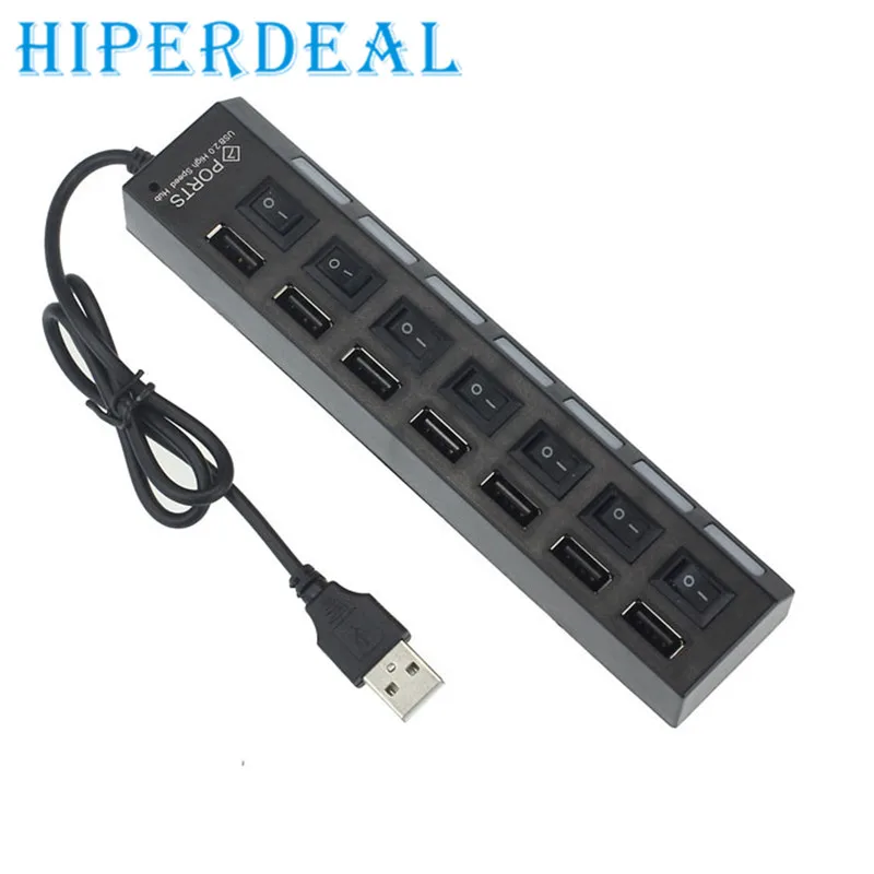 

Ecosin2 Mosunx 7 Ports LED USB 2.0 Adapter Hub Power on/off Switch For PC Laptop BK 17Mar09