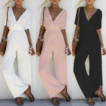 

Women V Neck Jumpsuit Short Sleeve Playsuit Loose OL Fashion New Pure Color Wide Leg Long Trousers Romper