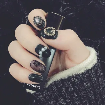 

24pcs Elegant Black Dot Decor Glitter Gemstone False Nails Retro Acrylic Short Round Head Press On Finger Manicure With Adhesive