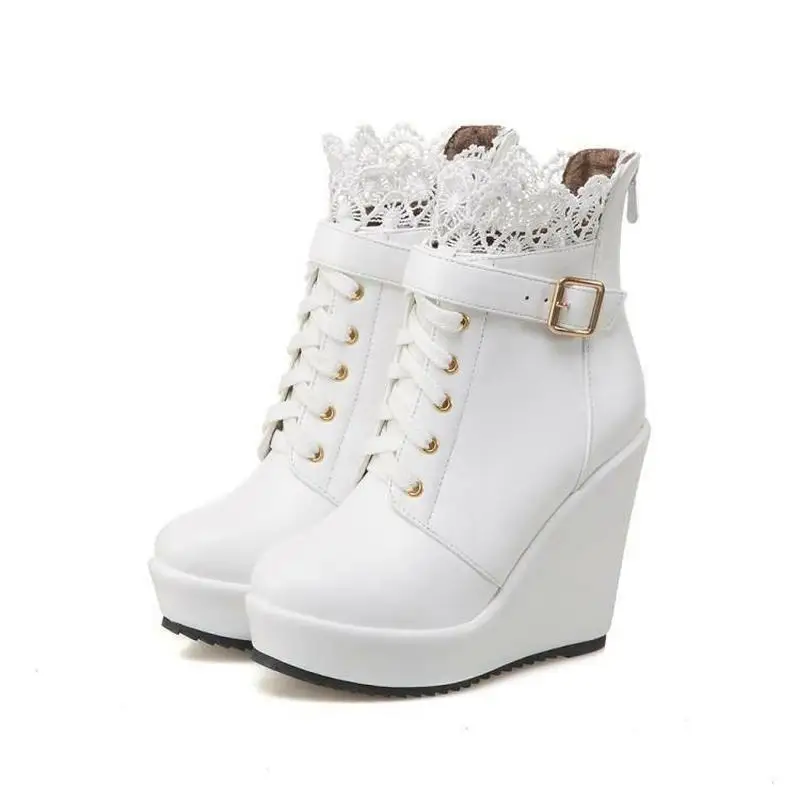 

US4-11 Womens Lace Up Hidden Wedge Heels Buckle Round Toe Platform Ankle Boots Shoes Black White Plus Size A927