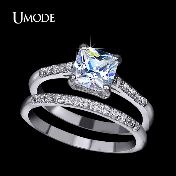 

UMODE Brand Engagement Ring Set Two Band 1.6 Carat Princess Cut Zirconia Crystal Wedding Rings for Women Hot Anillos Anel UR0139