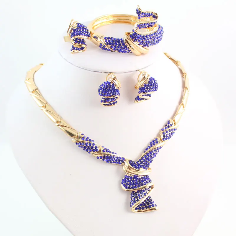 Модные высококачественные нигерийские Свадебные африканские бусы Ювелирные наборы синий кристалл Дубай золотой цвет большие ювелирные наборы костюм