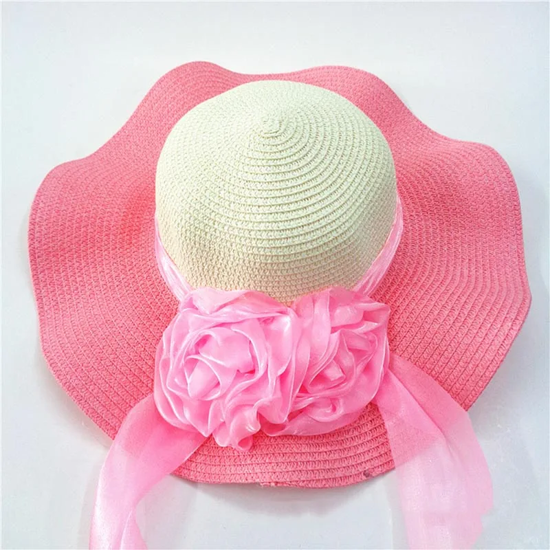Fashion Straw Hat Flower Ribbon Summer Beach Wide Brim Fisherman Sunscreen Folding Hand Made Casual Wave Girls Hats CP0238 (8)