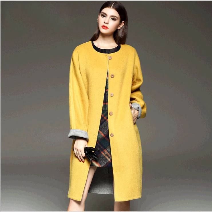 ladies woolen muedium long yellow coat for women autumn high end ...