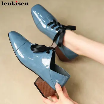 

Lenkisen genuine leather gentle woman pumps fashion med heels square toe lace up sweet office lady deep mouth autumn shoes L3f3