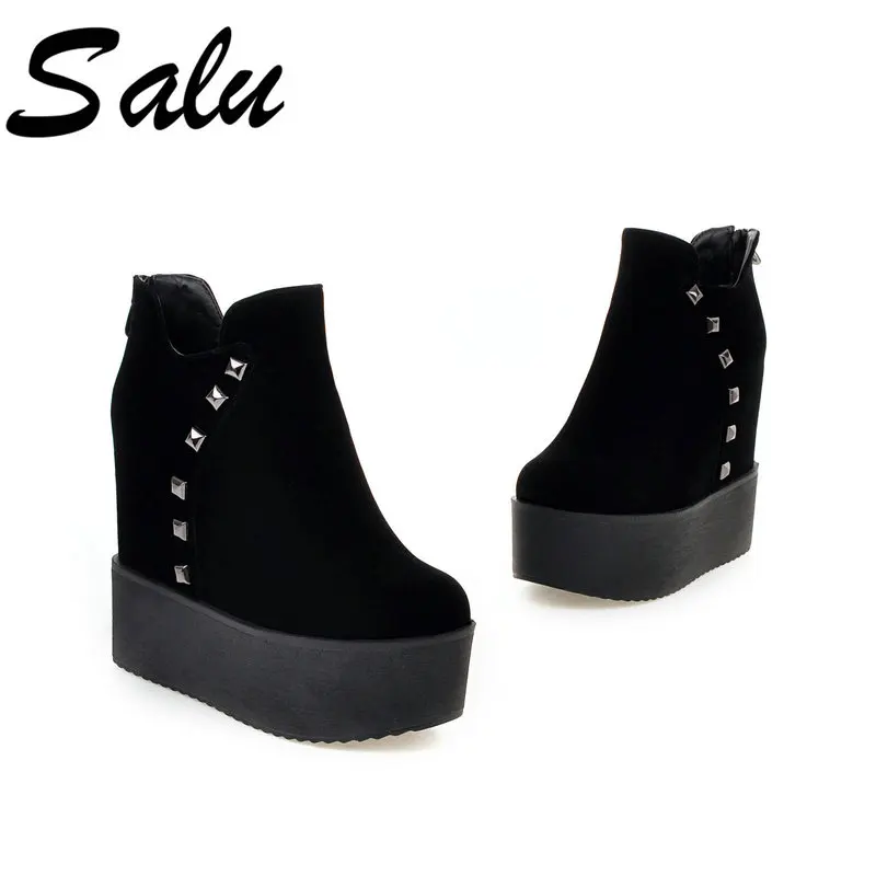 

Salu New Women Ankle Boots Autumn Winter Warm Platform Heels Shoes Woman Flock Leather Casual Quality Brand Boots