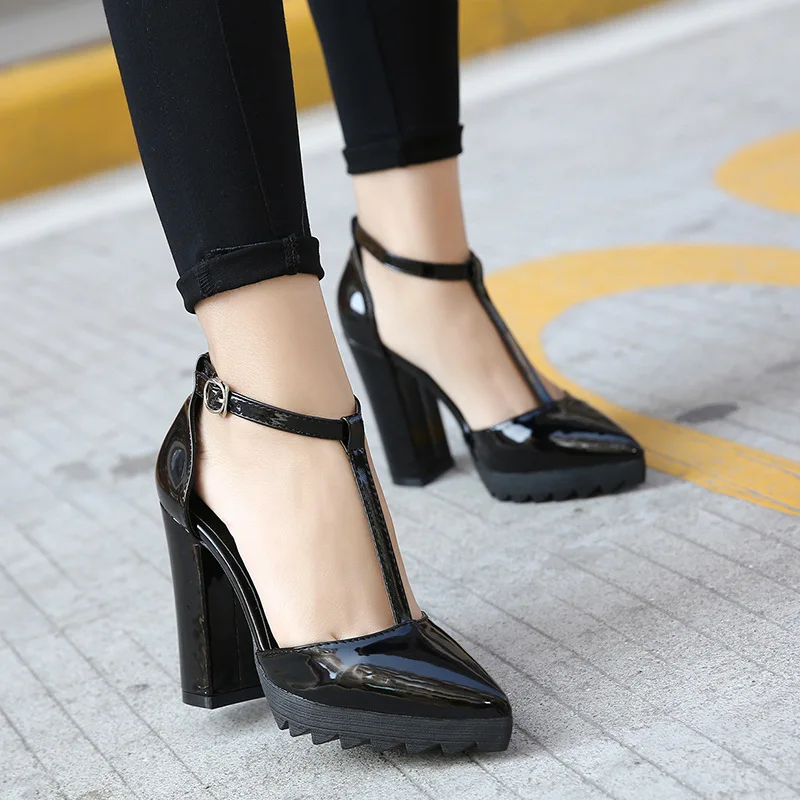 Black Épais Hauts Talons Dames T Sangle Chaussures Partie Pompes Sexy Bout Cuir Stilettos Pu Robe Pointu Femmes awqHRzBw