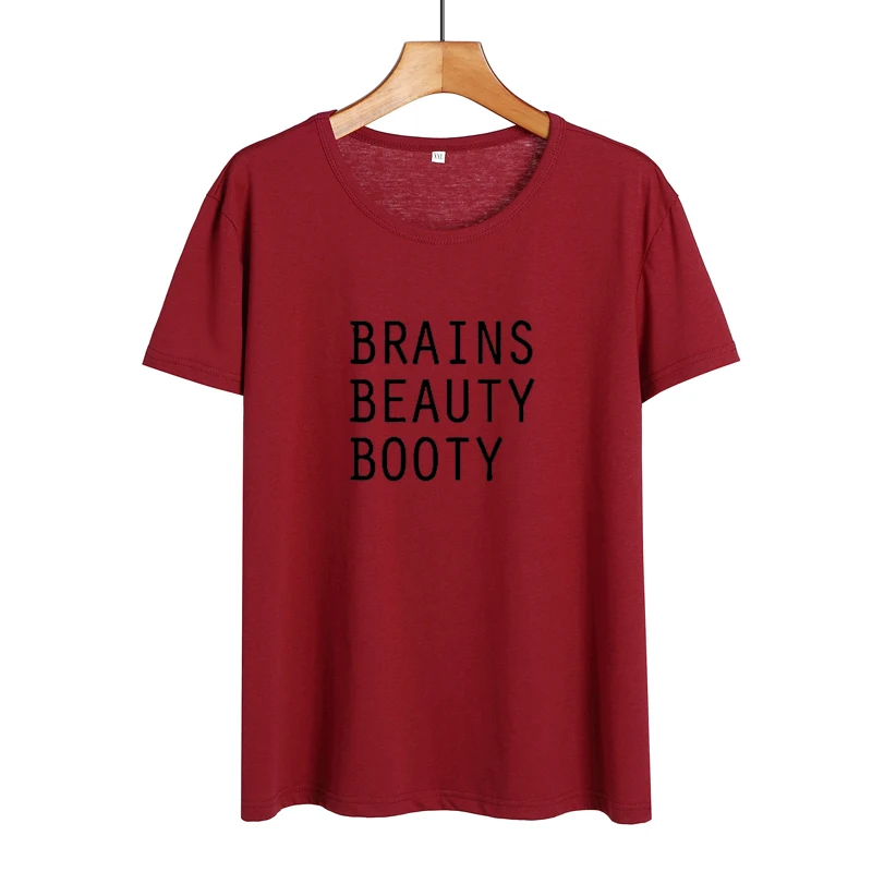 

Brains Beauty Booty Funny Saying T Shirts Tumblr Hipster Letters Printing Crewneck T-shirt Summer New Women Black White T Shirt