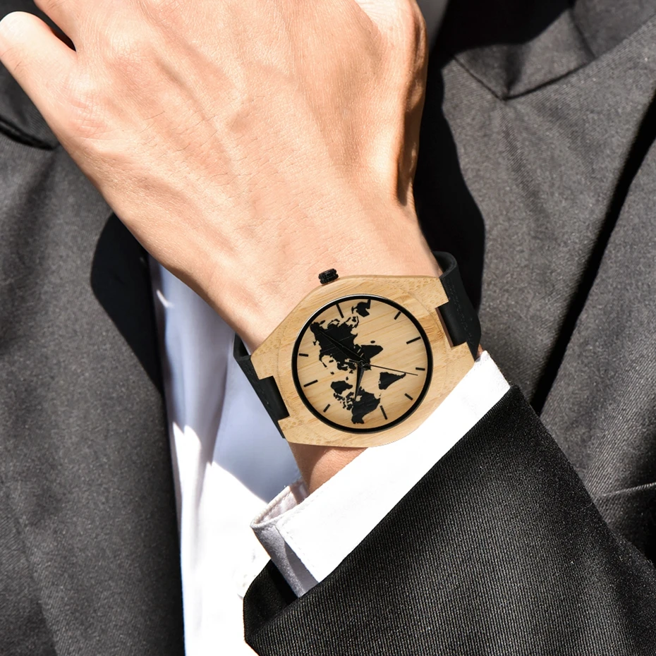 Minimalist Watch Men's Creative World Map Watch Natural Bamboo Wood Quartz Analog Handmade Clock Male Black Genuine Leather Hour 2018 (14)