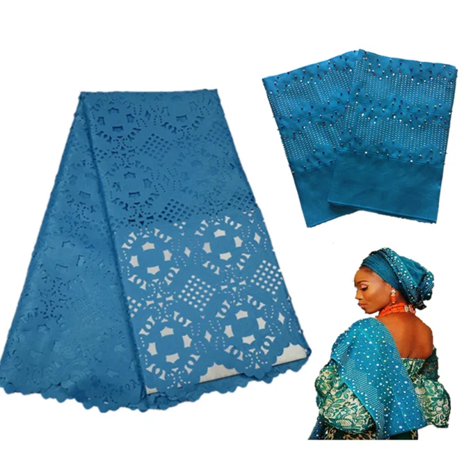

Hight quality laser cut fabric with aso oke gele matching for ladies party wedding fashion laser cut cord lace with aso oke