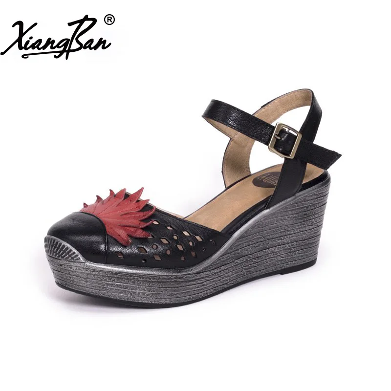 

Xiangban Genuine Leather Women Platform Sandals Baotou Wedges Sandals Hollow Out Summer Shoes High Heel