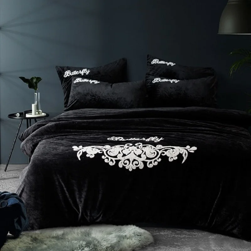 Густой шерсти зимние теплые постельный комплект черный серый постельного белья queen размер простыня/Fit лист набор пододеяльник набор 38