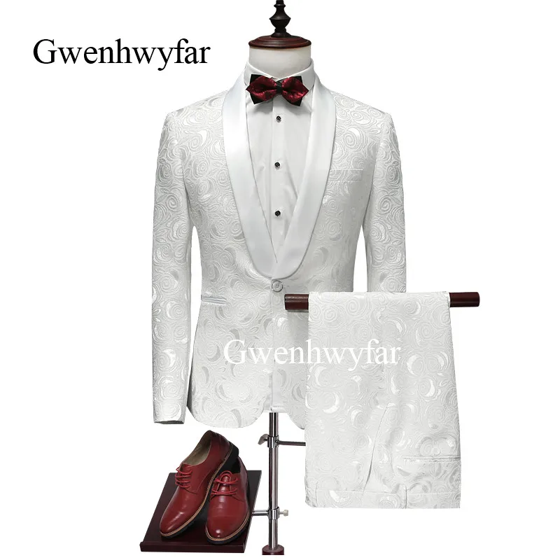 Gwenhwyfar 2019 Новые жаккардовые облегающие смокинги для жениха белые мужские костюмы