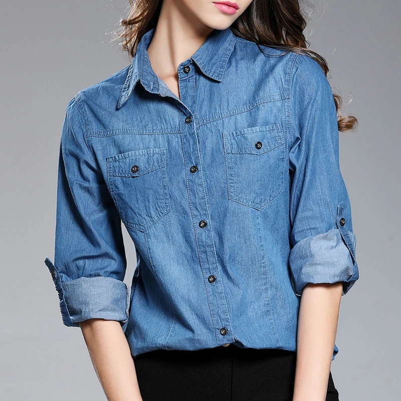 

2019 Spring Summer New Arrival Women Blue Cotton Denim Shirt Female Basic Solid Pockets Buttons Blouse