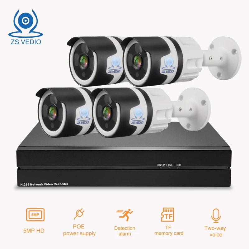 

ZSVEDIO H.265 5MP POE ip camera with audio 4ch poe kit 8ch POE NVR system plug and play Security Surveillance camera poe system