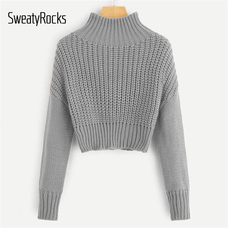 Свитер SweatyRocks с воротником-стойкой, короткий свитер с длинным рукавом, женские элегантные пуловеры, топы, осень, Женские Повседневные базовые свитера