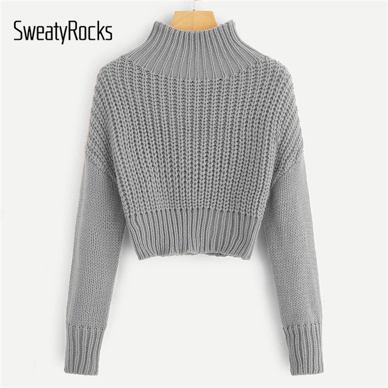 Najtaniej SweatyRocks solidna stójka kołnierz sweter w stylu crop z długim rękawem kobiece eleganckie swetry topy 2018 jesień kobiety Casual swetry basic