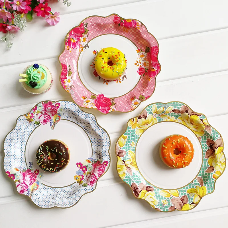 

12pcs/set Vintage Floral 22cm Paper Plate Tea Party Picnic Dessert Dishes Multicolor Tableware Disposable Wedding Decor Birthday