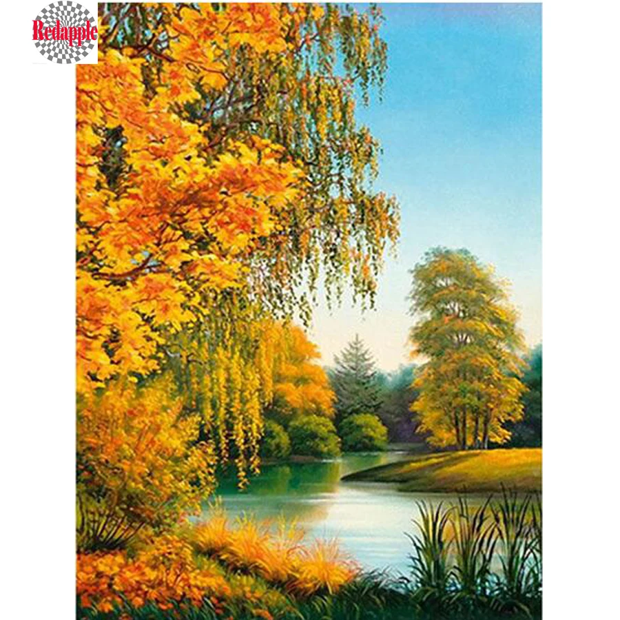 

Diy 5D Diamond Painting Autumn tree lake Full drill square Diamond Mosaic Picture natural view Diamond Embroidery Landscape arts