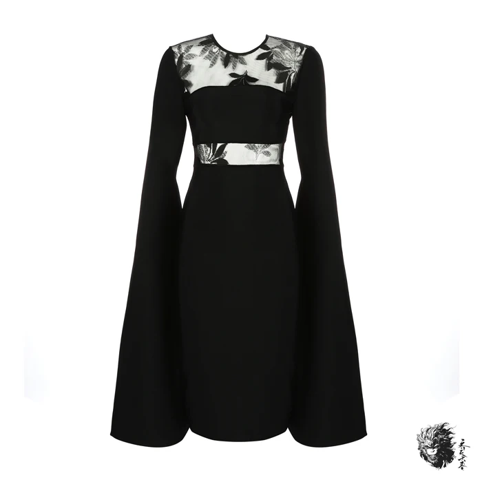 Зимнее новое длинное расклешенное черное Бандажное платье женские сетчатые вечерние платья с круглым вырезом - Цвет: Черный