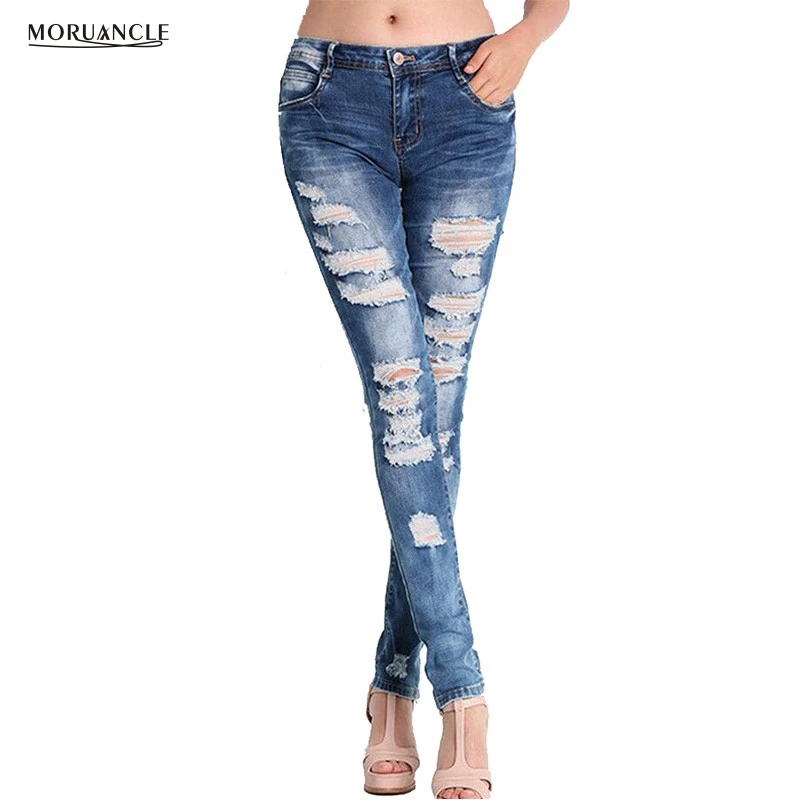 MORUANCLE Fashion Womens Ripped Skinny Pencil Jeans Pants Distressed Boyfriend Denim Joggers Female Sexy Destroyed Jean