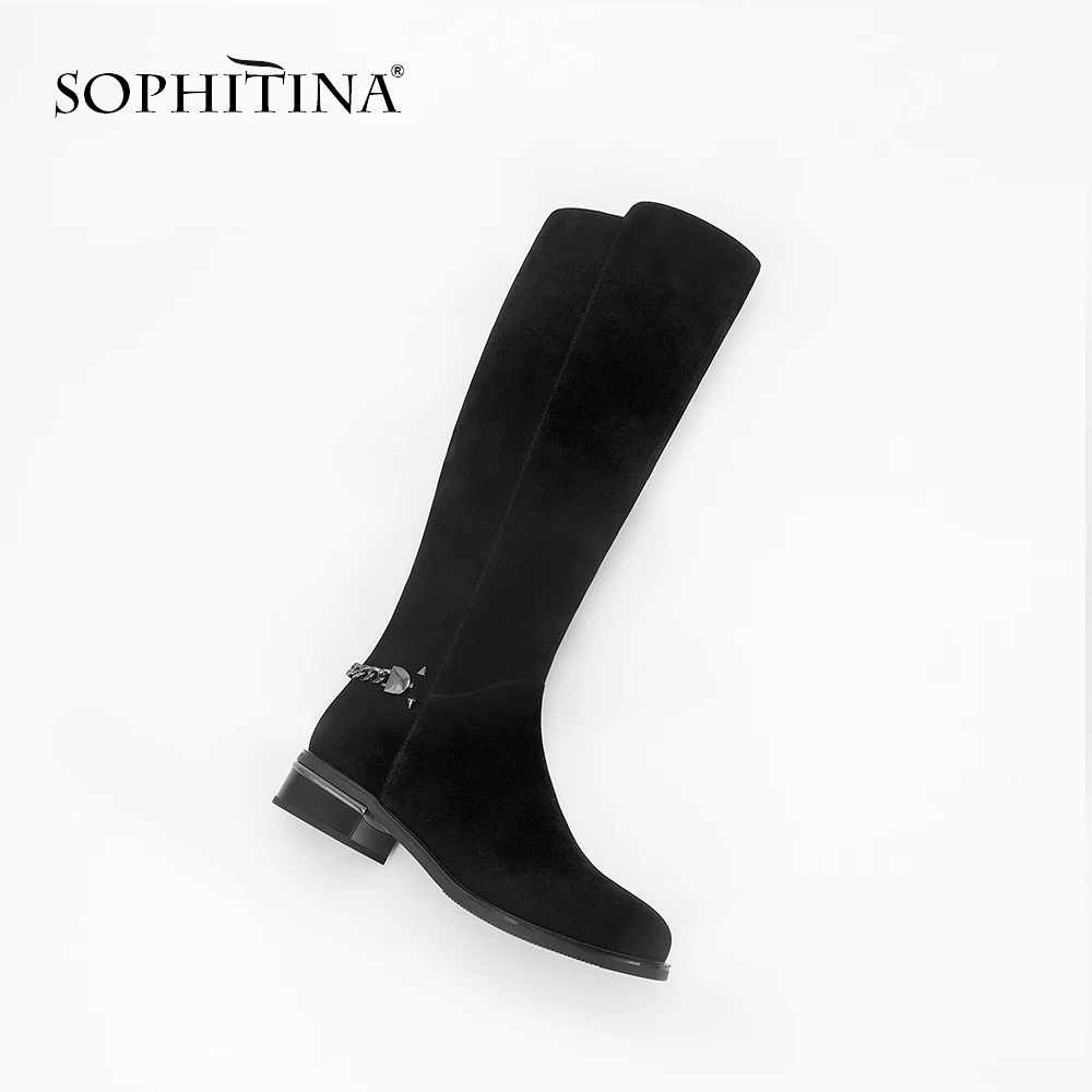 Black Stiefel Echtem Winter Sc61 Frau Leder Ferse Aus Platz Qualität Kid Kappe Wildleder Schuhe Mode Sophitina Kette hohe Schwarz Knie Runde UnCxBwF