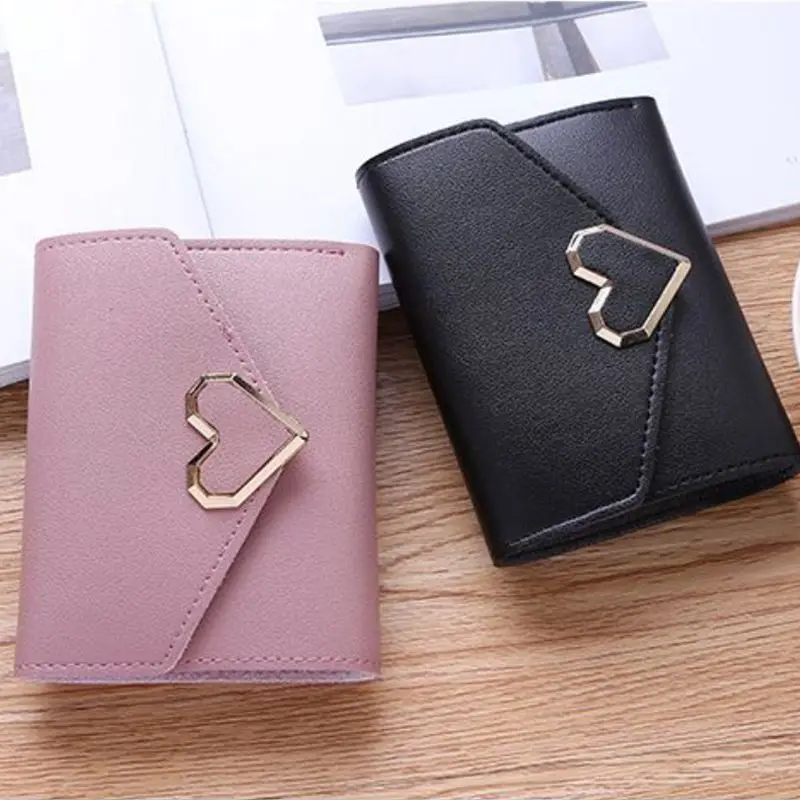 Women's Wallet For Credit Card Metal Heart-shaped Leather Short Section Three-folded Wallet Elegant Female Wallet Card Package Women's Wallet For Credit Card Metal Heart-shaped Leather Short Section Three-folded Wallet Elegant Female Wallet Card Package