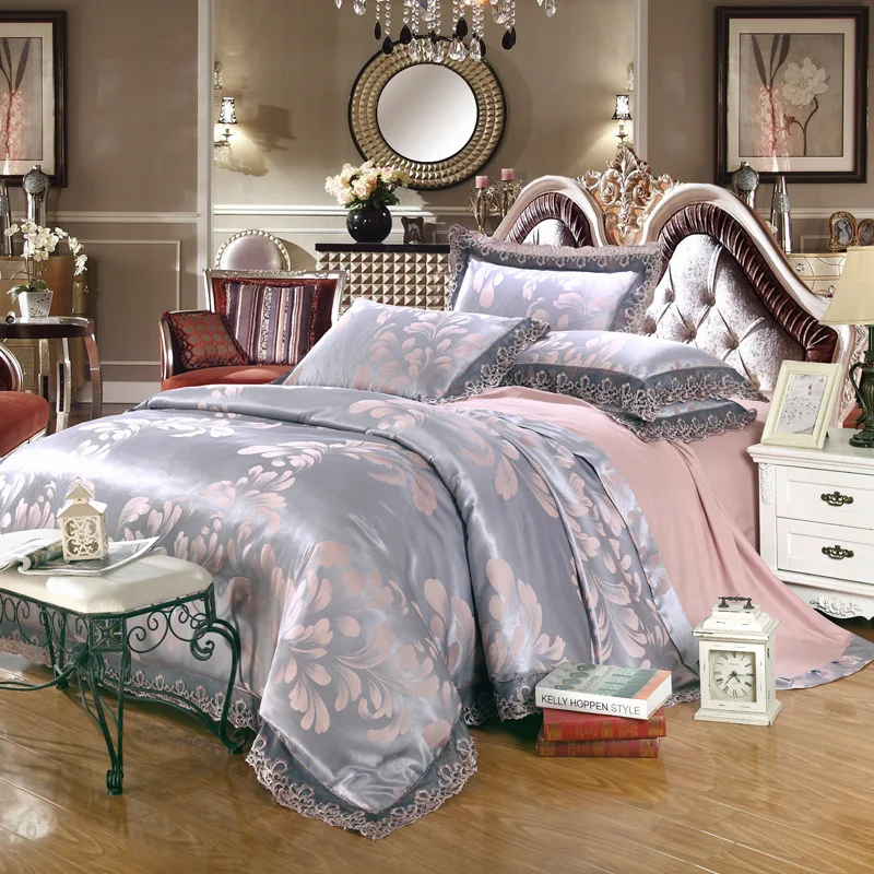 4pcs Luxury Royal Bedding Set Cotton European Gold Silver Jacquard Lace