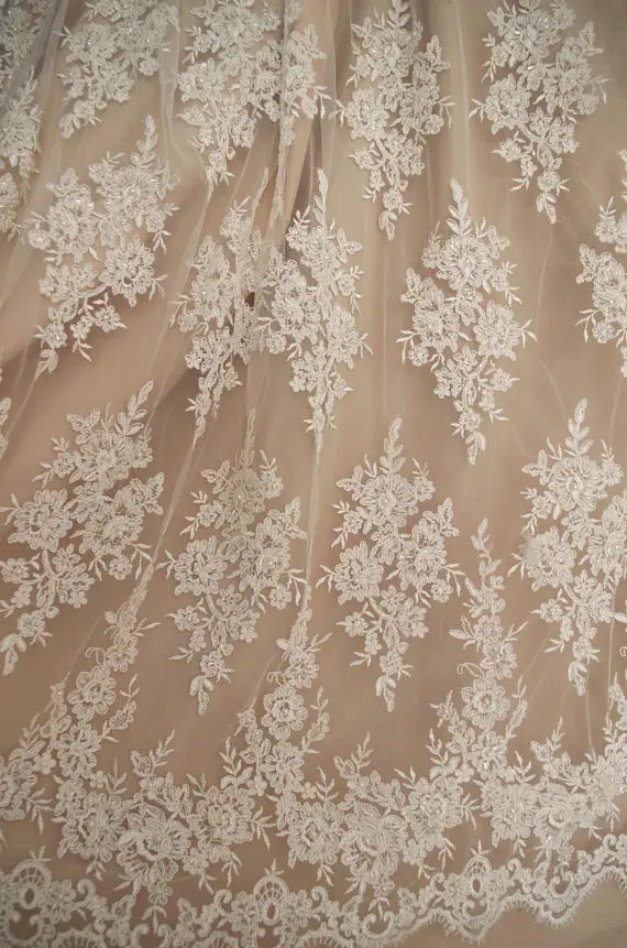 

1 yard ivory beaded cord lace fabric, super delicate lace, ivory beaded lace fabric, vintage style bridal lace fabric, beading