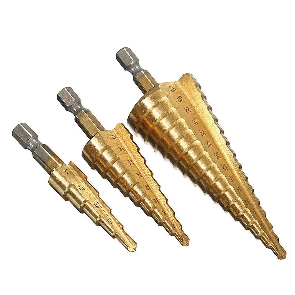 3Pcs Step Drill Bit Pagoda Shape Hole Cutter 4-12/20/32mm HSS Steel Cone Drill Bit Set