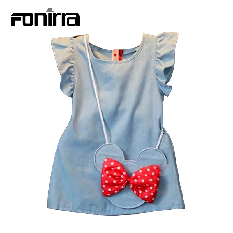 

2016 New European and American Style Denim Color Dress for Girls Bow A-Line Mini Brief Dress Sleeveless Summer Princess Clothing