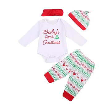 

2018 Christmas Xmas Style Cute Newborn Infant Baby Boy Girl Outfit Clothes Romper+Long Pant+Hat+Headbad 4pcs Outfits Set 0-18M