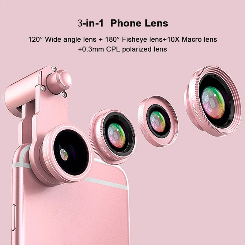 

3 in 1 Aluminum Clip-On Phones Fisheye Lens Kit Universal 120 Degree Wide Angle + 10X Macro Lens Selfie Photo Tools For iPhone