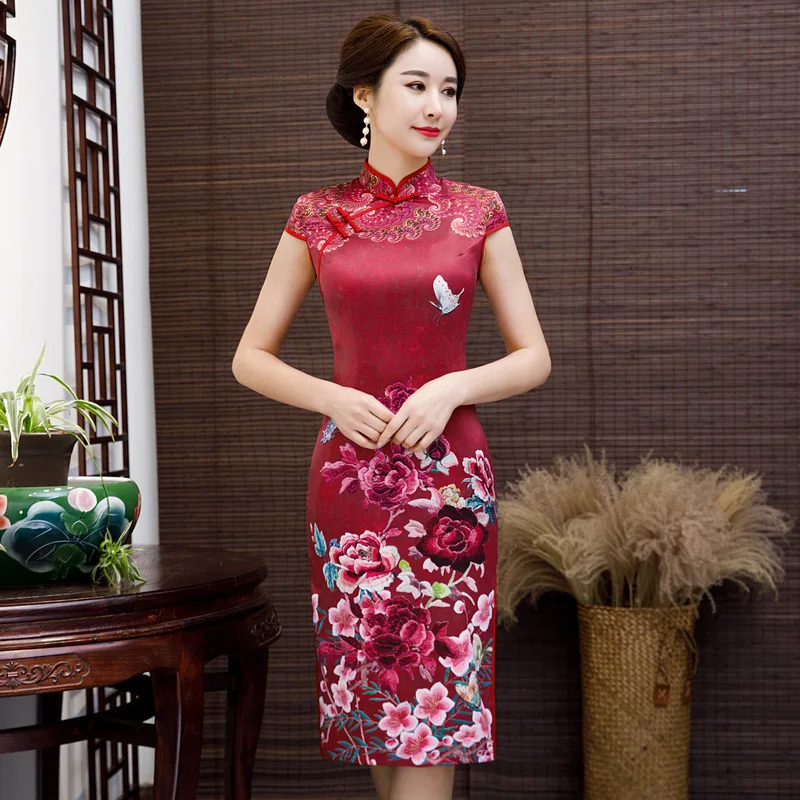 2019 Новая мода по колено Cheongsam китайский стиль воротник стойка платье женские летние район Qipao Тонкий платья для вечеринок Vestido